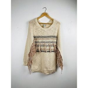 American Rag Cie‎ Fringe Sweater Woman's Medium Ivory Aztec Print Tassels Boho
